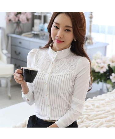 Geilisungren Women s Elegant Stand-Up Collar Blouse - Chiffon Lace Patchwork Button Tops - Casual Oversized XXL White Fashion - Buy Online on GoSupps.com