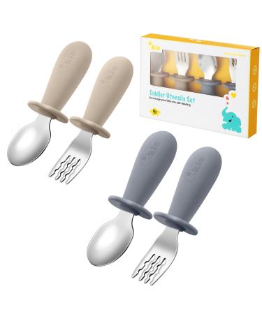 Qkie 4er-Pack children's cutlery only baby cutlery set stainless steel baby loffel and baby fork with silicone handles for baby toddler dining cake 10 months+ (sand white white+ gray gray)
