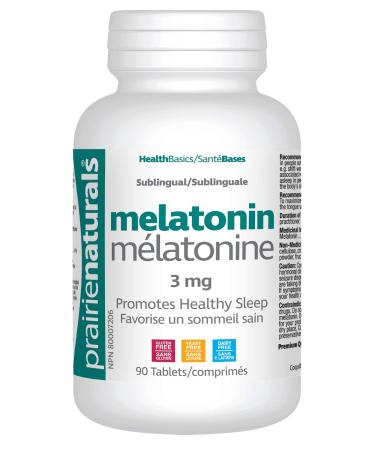 Prairie Naturals Sublingual melatonin 3mg tab helps increase total sleep helps relieve daytime fatigue associated with jet lag shift work reduces the time it takes to fall asleep helps reset the body's sleep-wake cycle 90 Count