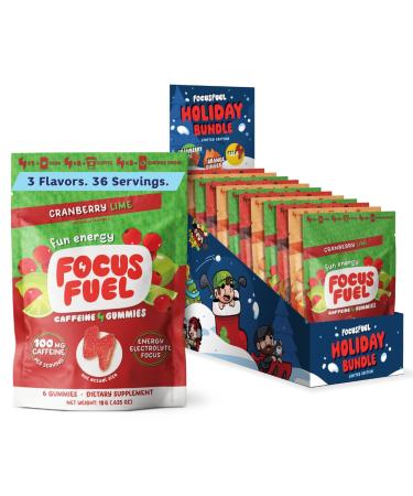 FocusFuel Energy Chews Holiday Bundle (36 Servings) Cranberry Lime Orange Ginger Cola 100mg Caffeine + Alpha GPC + L-Theanine + B12 Magnesium No Crash or Jitters