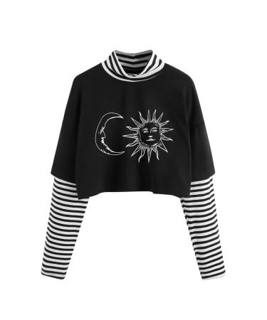 Women's Casual Tops Blouse Color Block Sun Moon Print Striped Top Long Sleeve Crop Top T Shirt Gray Short Lady (Black, M) Medium Black