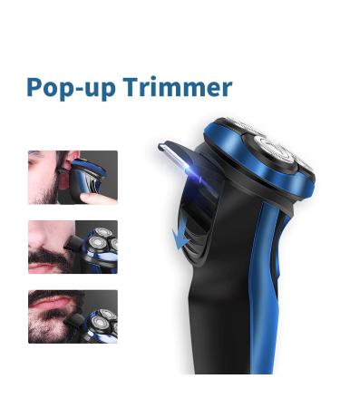 Rotary Electric Razor for Men with Pop-up Trimmer, LCD Display, Rechargeable Cordless & Waterproof - Blue - Buy Online on GoSupps.com