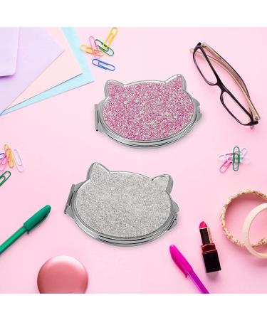 LucyPhy 2 Pcs Pocket Small Compact Mirror - Cute Kawaii Cat Design - Double Sided 2X 1X Magnifying Makeup Mirror for Women, Girls, Kids - Pink+Silver - Buy Online on GoSupps.com