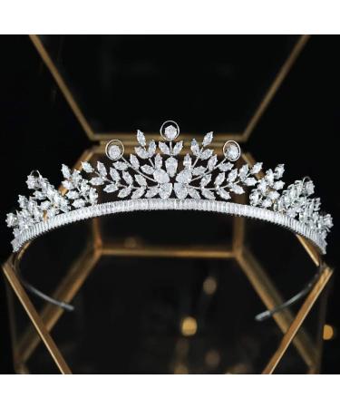 Aoligrace 5A Cubic Zirconia Wedding Tiaras and Crown for Women Small Bride Floral Headpiece Sweet 16 Quinceanera Hair Jewelry Silver