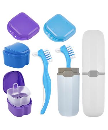 Jutieuo 8Pcs Denture Case Kit 2 Denture Bath Case Cups 2 Dual-Headed Denture Toothbrushes 2 Portable Brush Boxes 2 Retainer Holder Boxes Dentures Holder for Travel Retainer Cleaning (Blue) 8 Piece Set