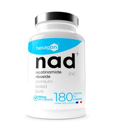 NAD+ Nicotinamide Riboside Chloride 300mg - 6 Months of Cure - NAD Booster - Anti-Aging & Against Fatigue - Made in France - 180 Vegetable Capsules - Vegan - Hexagon