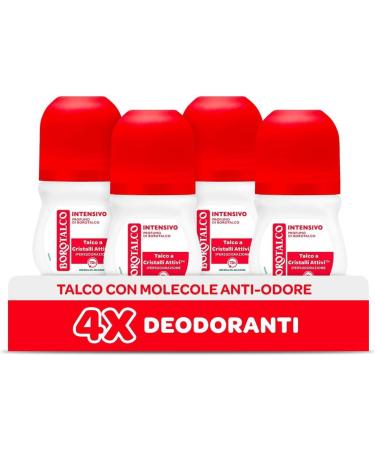 Borotalco Borotalco Intensive Roll-On Deodorant with Active Crystal Talc Hyperperspiration Alcohol-free Talcum Scent 72h Effectiveness - 4 x 50ml - Exclusive Amazon