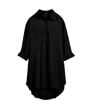Bianstore Women's Oversized Linen Shirts Blouses Tops Long Sleeve High Low Button Up Shirts Black XX-Large