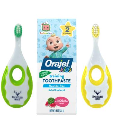 Dauntless Merch Easy Grip Baby Toothbrush and Fluoride-Free Toddler Stage 2 Training Toothpaste  Natural Watermelon Flavor  1.5 oz. Starter Set. (Coco)