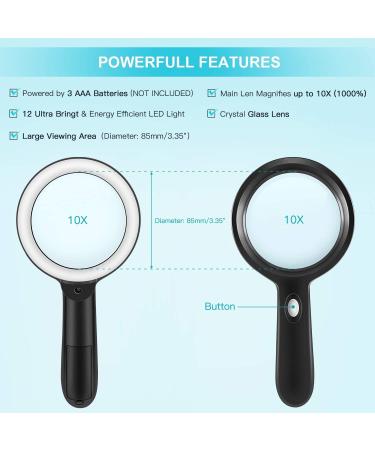 Magnifying Glass with Light-10X Handheld Large Reading Magnifying Glasses with 12 LED Illuminated Light for Seniors Macular Degeneration Inspection Coins Stamps (Black) - Buy Online on GoSupps.com