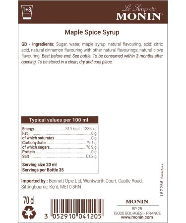 MONIN Premium Maple Spice Syrup 700ml - Vegan-Friendly & Allergen-Free | 100% Natural Flavours for Coffee & Cocktails - Buy Online on GoSupps.com