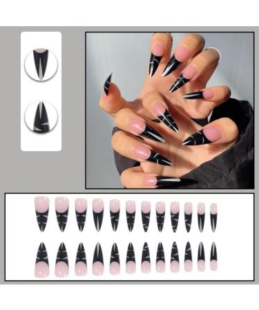 JUSTOTRY 24 Pcs Stiletto Fake Nails - Long Black French Press with Silver Patterns - Almond Stick on Nails for Women - Extra Long False Nails with Glue for Nail Art - Buy Online on GoSupps.com