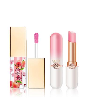 CAHIUYOA 2PCS Color Changing Lipstick Lip Oil Magic Tinted Lip Balm Gloss Set Long Lasting Moisturizer Color Changing Jelly Lipstick Lip Tint Makeup Gifts for Women - Peach Set