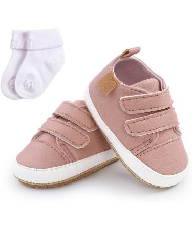 Baby Sneakers - PU Leather Anti-Slip First Walking Shoes for Boys & Girls 0-18 Months with Socks - Pink (0-6 Months) - Buy Online on GoSupps.com