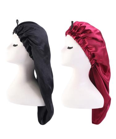 SHFANYUA 2PCS Satin Long Curly Hair Braid Bonnet for Women Dreadlock Single Layer Soft Elastic Band Sleeping Caps with Button One Size Black Wine