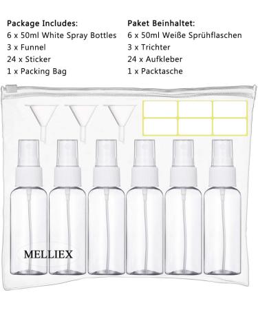 6 Pack 50ml Transparent Empty Spray Bottles - Refillable Fine Mist Atomizers with Funnel & Labels for Perfume Travel | White - Buy Online on GoSupps.com