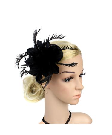 Golden Apple Flower Side Clip Fascinator Gatsby Flapper Feather Clip Hair Barrette Vintage Wedding Brooch Pin (Black)