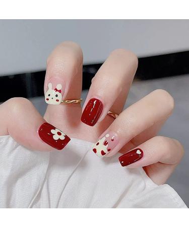 Carufin 24Pcs Christmas Tree Love Short Fake Nails Pearl Flowers Dog Rabbit Acrylic False Nails Press on Nails for Women Girls (E)