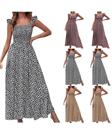 lcziwo Women's Summer Boho Square Neck Dress Floral Printed Flowy Beach Long Maxi Dresses Petal Cap Sleeve Sundress Wine X-Large