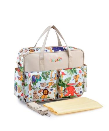 Multifunctional Waterproof Mummy Shoulder Bag for Diapers Chic Nappy Changing Bag Tote/Messenger Style Large Light Weight with Changing Mat Adjustable Animal Pattern