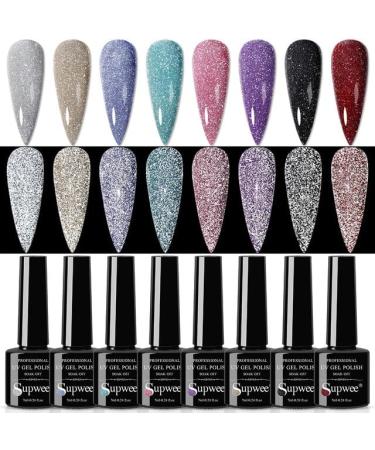 SUPWEE 8Pcs Reflective Glitter Gel Nail Polish Set Semi Permanent Soak Off UV Gel Varnish Nail Art Shiny Effect All for Manicure - (Color: BDSZJ111-8PCS)