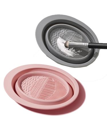 2 Piece Brush Cleaning Pad Foldable Silicone Cleaning Pad Portable Brush Cleaning Tool For Makeup Brushes Makeup Sponges Powder Puffs (Pink+Gray)