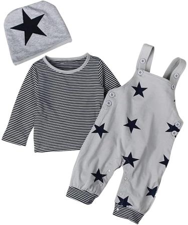 Newborn Infant Boys 3pcs Clothing Set | Cotton Romper Outfit with Long Sleeves T-shirt, Dungarees, and Hat | Toddler Kids Pyjamas | 0-24 Months | Grey | 0-3 Months - Buy Online on GoSupps.com