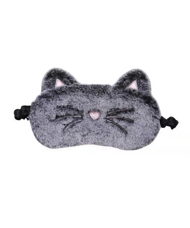 Cute 3D Sleep Travel Nap Night Mask Soft Plush Blindfold Unicorn Sleeping Home Eye Cover for Women Girls Kids (Gray-cat)