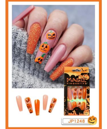 Press Nails Medium Long Fake Nails Acrylic Nails Pumpkin Black Flame Cross Head Design Suitable for Women Halloween Fashion Decoration - Buy Online on GoSupps.com