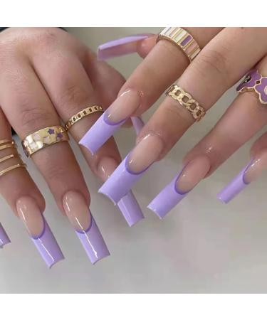 BABALAL Coffin Press on Nails Long French Tip Fake Nails with Nail Glue Purple Glossy Glue on Nails 24pcs Ballerina Acrylic Nails with Designs Full Cover False Nails J10