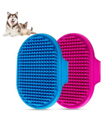 Dog Bath Brush , Aoche Pet Bath Comb Brush Soothing Massage Rubber Comb 2pcs with Adjustable Ring Handle for Long Short Haired Dogs and Cats (blue+rose)