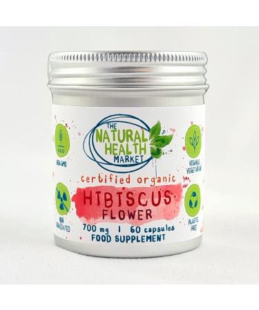 Organic Hibiscus Flower 700mg Capsules 60 Capsule Tin by The Natural Health Market Certified Organic 60 Capsules