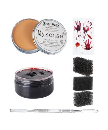 Mysense 3.5Oz(100g) Scar Wax Kit SFX Make Up Special Effects Fake Molding Wound Skin Wax Body Paint Halloween Set Fake Nose Stage Zombie Makeup with Spatula Fake Blood Gel Tatooes Stipple Sponges Wax&Blood