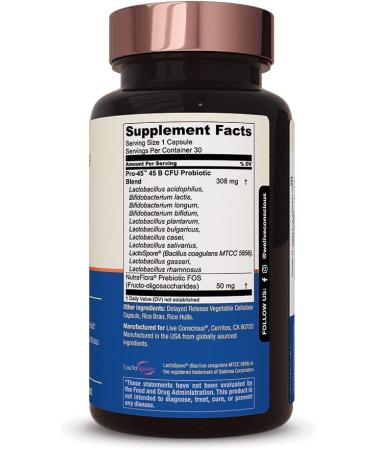 PRO45 Clinical Grade Probiotic Formula - 45 Billion CFU, 11 Patented Strains - Dairy Free, Delayed Release Veggie Caps - 30 Capsules for Immune and Digestive Health - Buy Online on GoSupps.com
