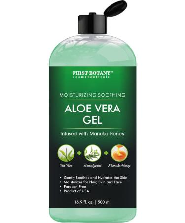Aloe vera gel from 100 percent Pure Aloe - Natural Raw Moisturizer with Tea tree oil  Eucalyptus oil and Manuka Honey for Hand Sanitizing Gel  Skin Care  Hair Care  Sunburn  Acne & Eczema - 16.9 fl oz | 500 ml (Eucalyptu...