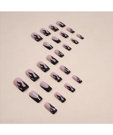 Buy IMSOHOT Matte Square Press on Nails - Medium Black Flame French Tips with Rhinestones | 24 Pcs Full Cover Acrylic Nails - Buy Online on GoSupps.com