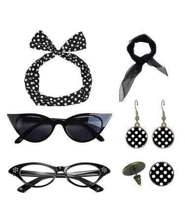 Lesunbak 50s Accessories for Women | 1950s Outfit with Headbands and Drop Earrings Costume Accessories with Red Bow Headband Vintage Polka Dot Hair Bands Cat Eye Glasses Black One Size