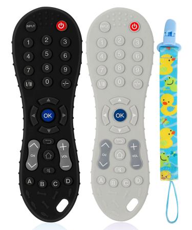 Teething Toys for Babies 6-12 Months-2 Pack Silicone TV Remote Control Shape Baby Hand Teethers for 12 to 18 Months -Infant Chew Toys with Anti-Drop Pacifier Clip-Safety Tested (Black & Grey)
