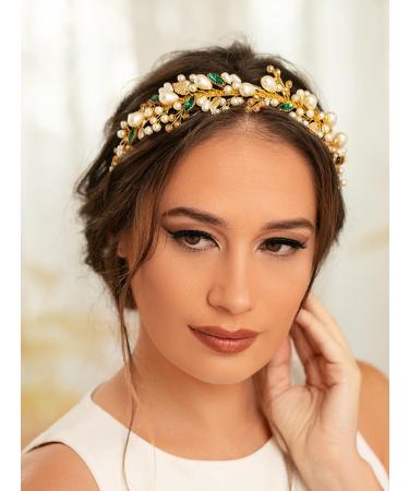 IYOU Pearl Wedding Headband Gold Crystal Bride Hair Bands Crown Rhinestone Prom Bridal Hair Accessories for Women - Buy Online on GoSupps.com