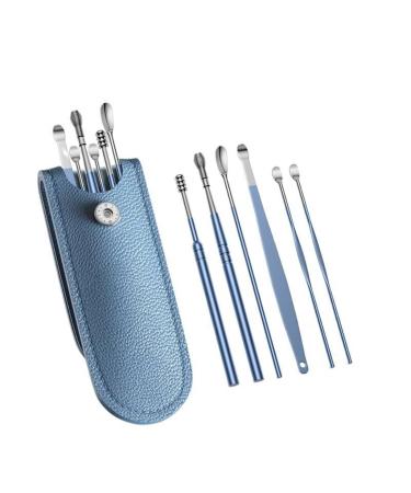 Portable Stainless Steel Ear Spoon 6-Piece Set Spiral Spring Ear Cleaning Tool Ear Digging Earwax Removal Kit Blue 10 2.8cm