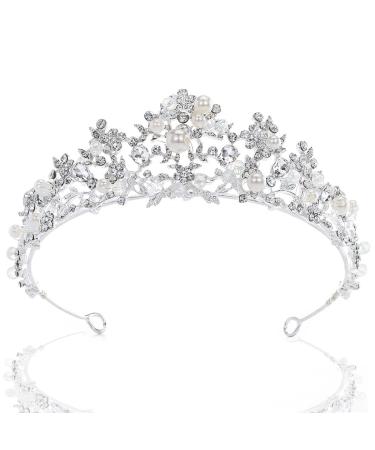 Uranian Silver Crowns and Tiaras Bridal Wedding Crowns Crystal Princess Pearl Tiaras Vintage Hair Accessories for Women and Girls
