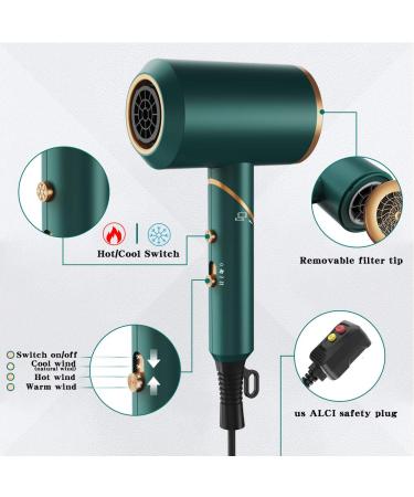 1800W Professional Ionic Hair Dryer with Diffuser and Nozzles - Fast Drying Compact Portable Green Hair Dryer - Buy Online on GoSupps.com