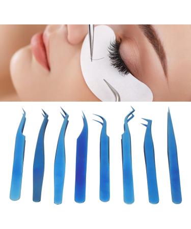 8-Piece Stainless Steel Eyelash Tweezers Set - Fine Tip Ergonomic Blue Titanium Eye Makeup Tools for Women - Portable & Durable - Buy Online on GoSupps.com
