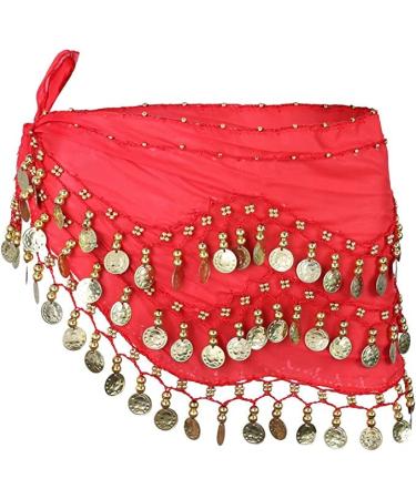 Women's stomach dance belt chiffon hip towel belly dance hip towel belly dance hip cloth Belly dance carnival costume hip scarf wrap belly dance costume coin belt sequins belt (red)