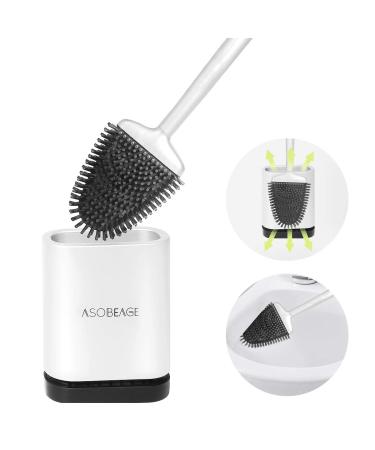 ASOBEAGE Toilet Brush,Deep Cleaner Silicone Toilet Brushes with No-Slip Long Plastic Handle and Flexible Bristles, Silicone Toilet Brush with Quick Drying Holder Set for Bathroom Toilet(White)