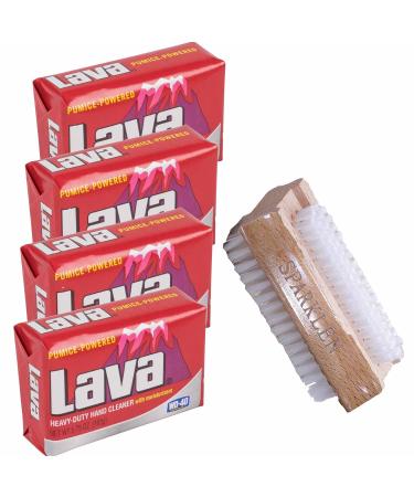 Lava Heavy-Duty Hand Cleaner Pumice soap with Moisturizers  4-bars  5.75 OZ each  with a Compatible Sparklen Wooden Nail Brush