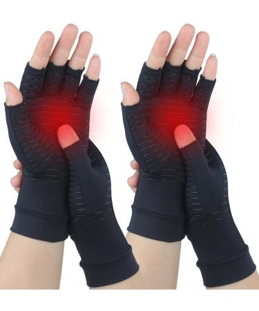 2Pairs Copper Arthritis Compression Gloves for Women Men, Fingerless Compression Gloves for Carpal Tunnel, Hand Pain, RSI, Driving, Typing, Copper Gloves Support Hands and Wrist for Work (Large) Large Black