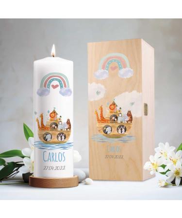 Personalized Gravure Printed Baptism Candle | Ark Rainbow Design | High-Quality Christening Gift for Boys & Girls | 250/80 mm Blue - Buy Online on GoSupps.com
