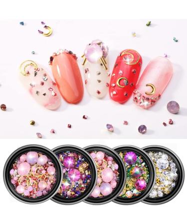5 Pcs Nails Rhinestones Gems Metal Nail Art Studs And Mix Colorful Small Stone Star Moon Design for Women 3D Nail Jewels Charms Decoration Supplies
