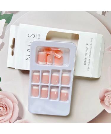 24 Pcs Short Pink Square French Tip Press on Nails - Glossy False Nails with Designs for Women - Buy Online on GoSupps.com